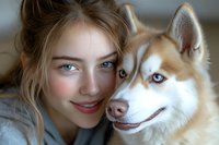 Young woman with blonde hair and blue eyes poses close-up with friendly Siberian husky dog showing matching eye colors and warm expressions.