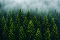 Misty morning fog drifts through dense evergreen forest canopy of tall pine trees creating atmospheric wilderness landscape for nature and environmental themes.
