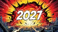 Explosive 2021 New Year celebration with comic book style burst effect over city skyline in vibrant red and yellow colors for holiday greeting cards.