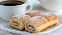 Sweet rolls filled with cinnamon and sugar, dusted with powdered sugar served on white plate next to cup of black coffee, morning breakfast pastry.