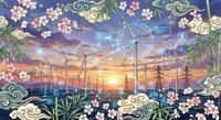 Wind turbines generating renewable energy at sunset with decorative cherry blossoms and traditional Asian cloud motifs framing the sustainable power landscape.
