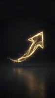 Glowing golden arrow pointing upward with sparkling particles on dark background, symbolizing growth, success, and positive business momentum for corporate presentations.