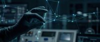 Hand touching digital network connections with glowing nodes and lines representing technology, data transfer, and connectivity in modern business environment.