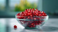 Fresh red pomegranate seeds in glass bowl on kitchen counter. Healthy antioxidant superfood for cooking, smoothies, salads. Natural organic fruit arils.