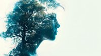 Creative double exposure portrait combining female silhouette with lush tree branches in turquoise tones, perfect for themes of mindfulness, environmental awareness and personal growth.
