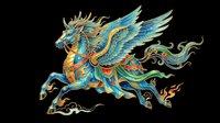 Ornate winged horse in vibrant blue, gold, and red tones, isolated on transparent background. Great for t-shirt design, stickers, clipart, and print on demand.