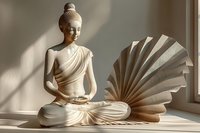 Serene Buddha statue in meditation pose with decorative fan, illuminated by soft natural window light casting gentle shadows on neutral background.