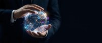 Businessman hands protecting glowing digital globe with network connections representing global business technology and data protection concepts.
