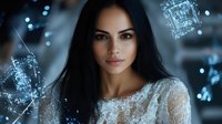 Young woman with long dark hair wearing white lace dress against blurred blue bokeh background with glowing digital elements, representing technology and beauty concept.