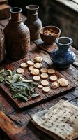 Ancient clay vases, wooden coins, fresh sage leaves and aged manuscript on rustic wooden table create mystical medieval atmosphere for fantasy or historical designs.