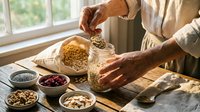 Woman preparing healthy breakfast with granola and seeds in sunny kitchen with various nuts and dried fruits on wooden table for nutritious morning meal.