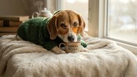 Adorable beagle puppy wearing glasses and green sweater reading book on cozy bed by window. Cute dog studying indoors for educational content.