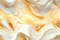 Swirling golden and white cream texture with droplets creating luxurious marble effect, abstract fluid background for cosmetic and food industry designs.