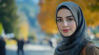 Young Middle Eastern woman wearing grey hijab smiling confidently outdoors in autumn park setting with blurred golden foliage background, modern modest fashion portrait.