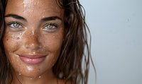 Close-up portrait of young Caucasian woman with wet skin, freckles, green eyes, and natural beauty against light background.