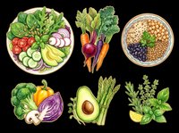 Colorful healthy food clipart set with salad bowls, vegetables, avocado, herbs, and grains, isolated on transparent background for stickers, T-shirts, print on demand.