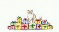 Tabby and white cat sitting on pile of colorful wrapped gift boxes with ribbons and bows, isolated on white background for holiday greeting cards and seasonal designs.