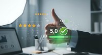 Businessman giving thumbs up with digital rating stars and customer satisfaction score overlay in modern office environment for feedback concepts.