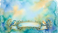 Watercolor banner with ornamental birds and flourishing foliage on soft blue and yellow background. Isolated design element suitable for invitations, greeting cards, and decorative projects.