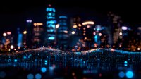 Glowing blue wave visualization against blurred urban night skyline with bokeh lights creates futuristic data flow representation for technology concepts.