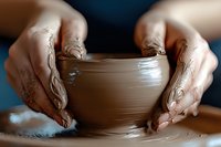 Skilled artisan hands shaping wet clay on pottery wheel, close-up view of creative process showing detailed finger work and spinning ceramic vessel formation.