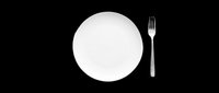 Empty white ceramic plate with silver fork isolated on transparent background, ready for restaurant menus, food blogs, stickers, and print on demand designs.