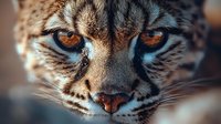 Close-up portrait of wild cat with intense amber eyes and detailed fur markings showing natural feline beauty and predatory gaze for wildlife photography.