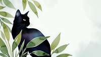 Black cat silhouette among green foliage leaves on light background. Minimalist pet illustration for home decor, greeting cards, wall art designs.