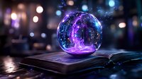 Mystical glowing sphere with purple energy floating above open book against dark background with bokeh lights, magical fantasy concept for book covers.