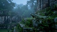 Ancient stone ruins covered in moss and vegetation with mysterious foggy atmosphere in tropical jungle setting for adventure and exploration themes.