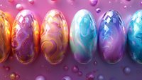 Colorful glossy Easter eggs with marble effect and golden swirl patterns arranged in row on pink and purple background with bokeh bubbles. Festive holiday design.