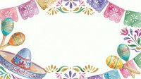 Colorful Mexican fiesta frame with papel picado banners, maracas, sombrero and decorative floral elements on white background for celebration designs.