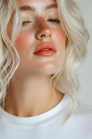 Close up portrait of young Caucasian woman with platinum blonde hair, freckles, and coral lips against light background. Natural beauty and skincare concept.