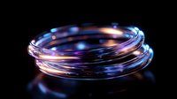 Glowing neon rings with blue and purple light effects on dark background create futuristic abstract composition with reflective surface and dynamic energy flow.