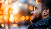 Bearded man with dark hair and facial hair gazes thoughtfully at warm golden bokeh lights during sunset or evening hours, wearing a dark textured sweater for winter or autumn moods.