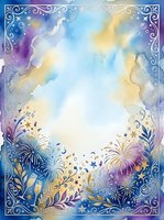 Watercolor celebration background with fireworks, stars, and ornamental frame in blue, purple, and gold tones. Isolated design element suitable for invitations, greeting cards, posters, and festive event materials.
