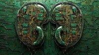 Futuristic brain shaped circuit board in emerald green with intricate electronic pathways and metallic components forming neural network patterns.