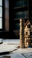 Stack of coins next to wooden house model on mortgage documents representing real estate investment and home financing concepts.