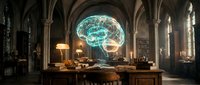 Glowing holographic brain floating above antique wooden desk in gothic library interior with arched windows and vintage books for medical education concepts.