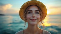 Young Caucasian woman in straw hat smiling at sunset, ocean background with golden hour lighting creates warm atmospheric portrait capturing joy and carefree summer mood.