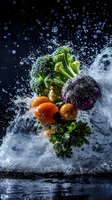 Fresh vegetables splashing in water against dark background, with broccoli, tomatoes, and purple cabbage creating dynamic motion and water droplets.