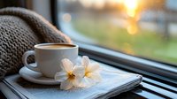 Cozy morning scene with coffee cup, plumeria flowers and knitted sweater by window at sunrise, creating peaceful atmosphere for relaxation and mindfulness.