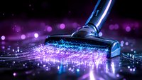 Vacuum cleaner head releasing magical sparkles and glowing particles on dark floor with purple and blue neon lights, creating dynamic cleaning effect.