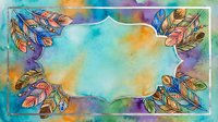Watercolor feather frame with vibrant rainbow colors and decorative border on textured background for greeting cards and artistic projects.