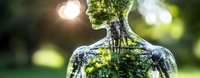 Artistic double exposure silhouette blending human figure with lush forest landscape, sunlight streaming through trees creating ethereal nature connection effect.