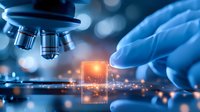 Laboratory scientist examining microscope slide with glowing digital overlay, blue medical gloves, bokeh background, modern research technology in focus.