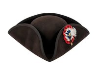 Tricorn hat in dark brown felt with decorative red and white rosette brooch, isolated on white background, suitable for costume design, historical reenactment, and theatrical productions.