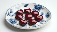Heart-shaped red chocolate candies on porcelain plate with blue floral pattern. Sweet romantic dessert arrangement for Valentine's Day or special occasions.