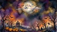 Spooky Halloween night scene with haunted house, full moon, bats, jack-o-lanterns and bare trees in watercolor style for seasonal decorations and designs.