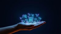 Online shopping concept with glowing neon icons floating above open palm on dark background for e-commerce and digital retail marketing campaigns.